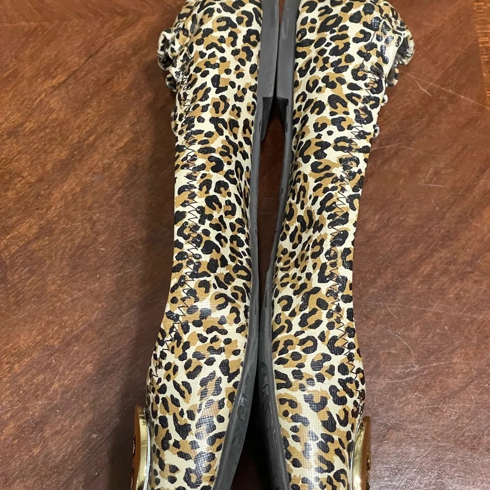 Tory Burch Minnie Leopard Patent Cross Grain Saffiano Leather Reva Ballet Flats